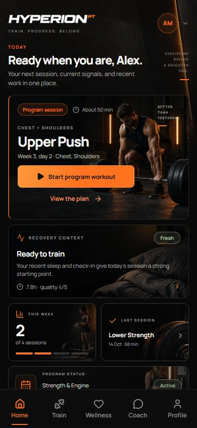 Current Hyperion Home screen with a planned workout, recovery readiness and weekly progress. Sample data.
