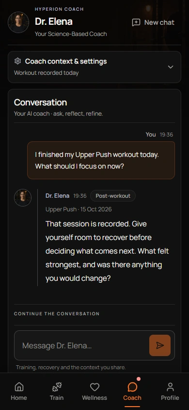 Sample beta AI Coach conversation about training and recovery.