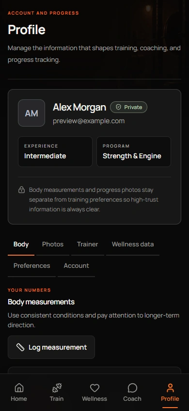 Current beta profile overview with training experience, program and body measurement controls. Sample data.